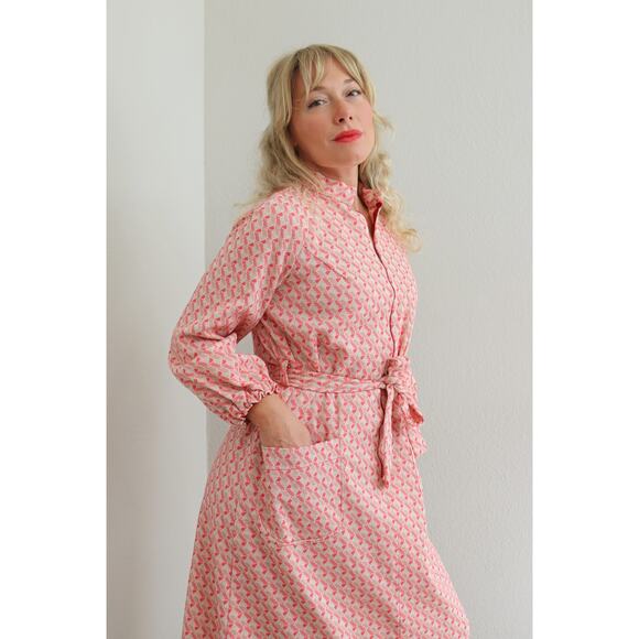 1970's Vintage Geometric Coral Day Dress ~ Women's SM MD  Belted Polyester 70's - Picture 7 of 8